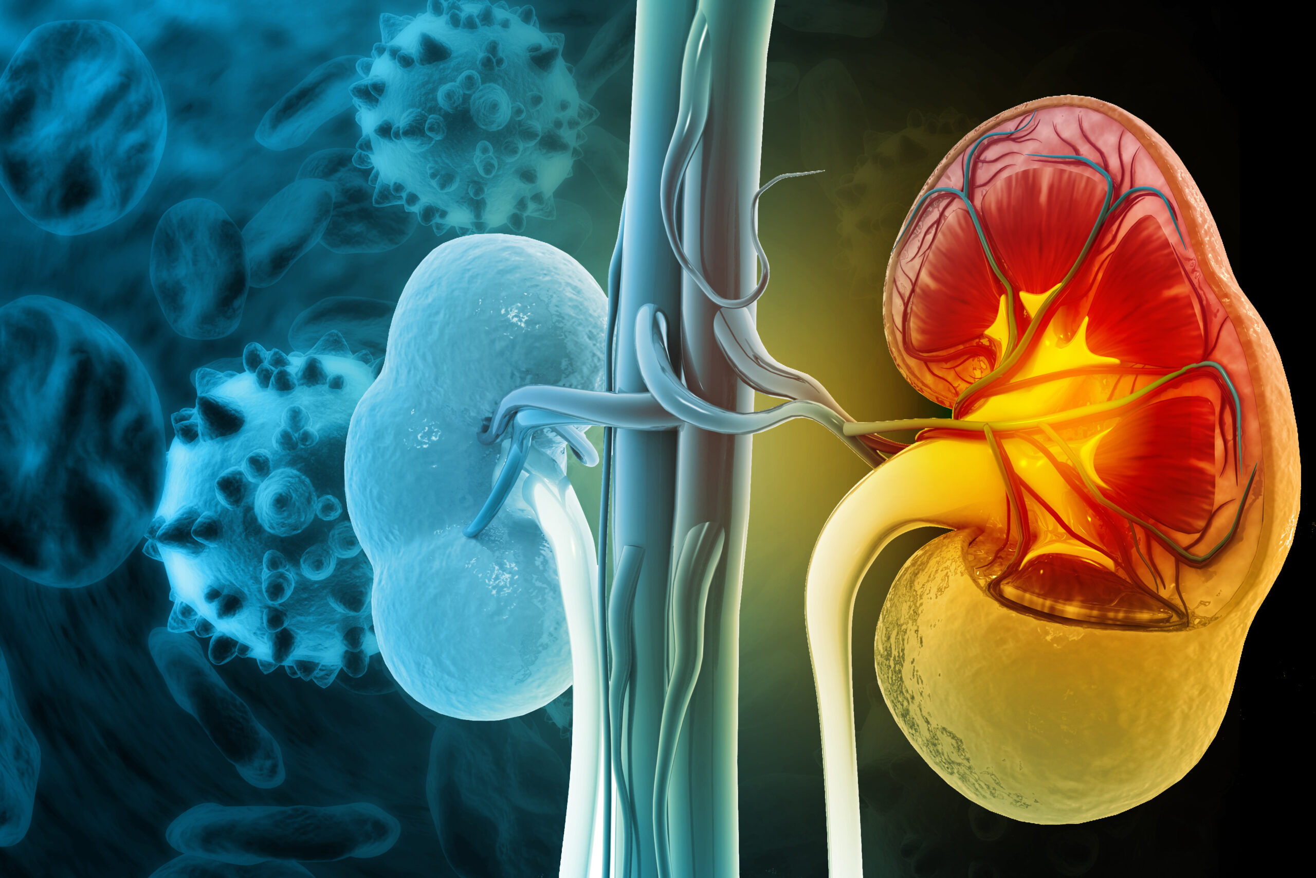 A detailed illustration of a kidney at the center, highlighting its anatomical features.